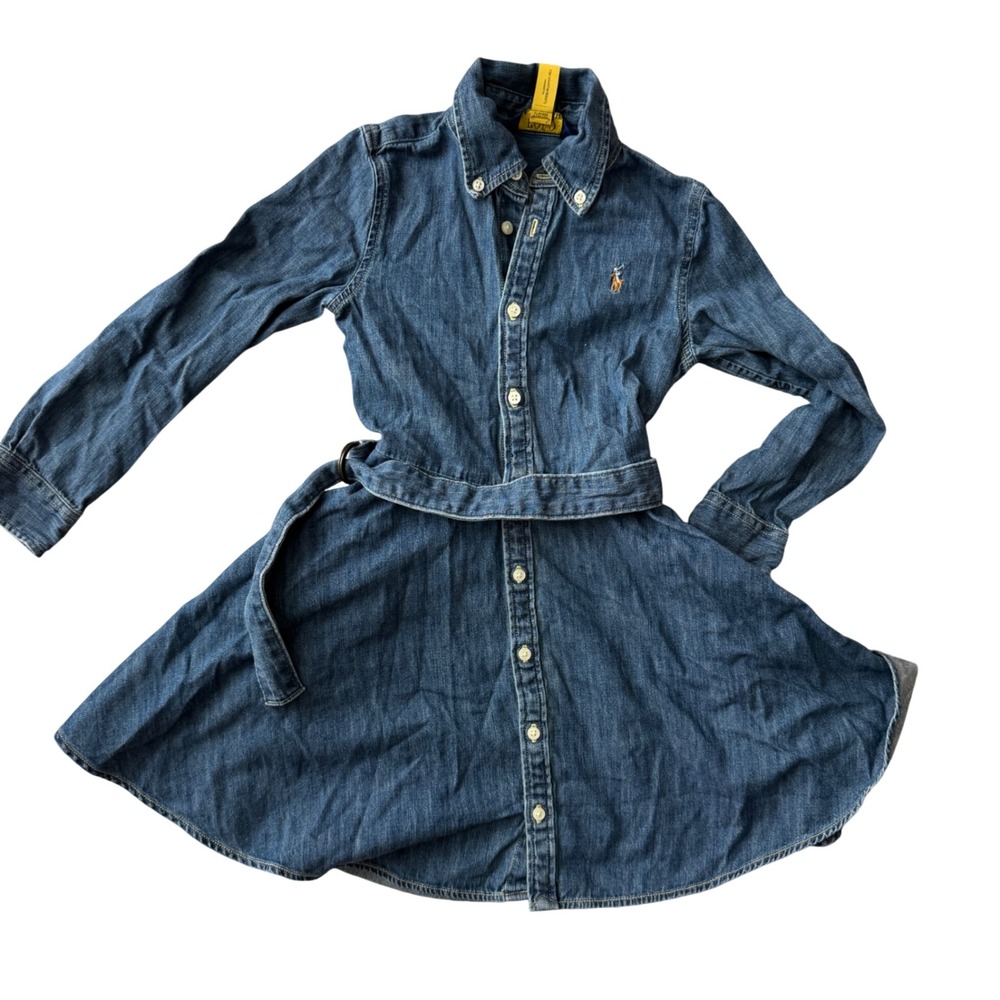 Polo Ralph Lauren Kids Blue Denim Belted Long Sleeve Shirt Dress Size 5